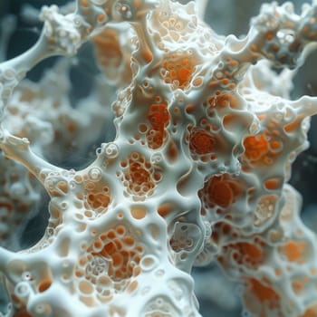 Detailed view of coral with vibrant orange and white bubbles in focus.