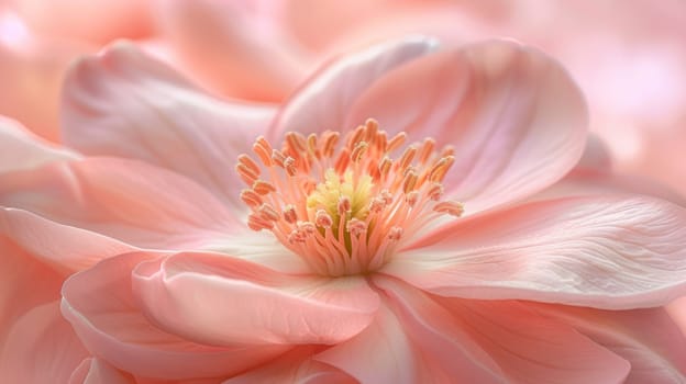 A close up of a pink flower with yellow stamen