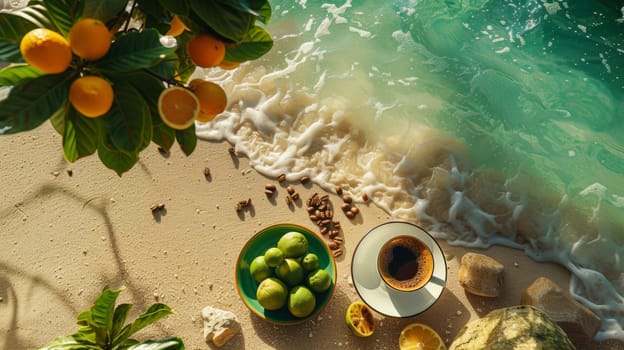 A cup of coffee and fruit on a beach near the ocean
