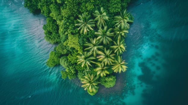 An aerial view of a small island surrounded by palm trees