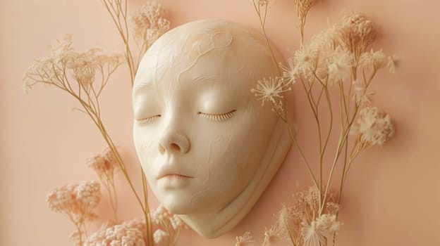 A white face with closed eyes and flowers on a pink wall