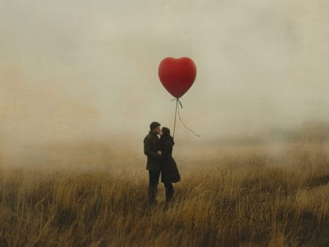 A man and a woman embracing while holding a red heart shaped balloon.