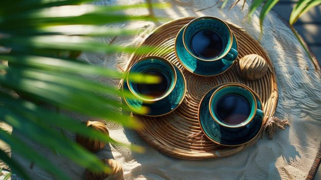 A table with three cups of coffee on it next to a palm tree