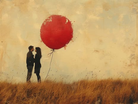 A painting depicting a couple tenderly holding a red balloon.