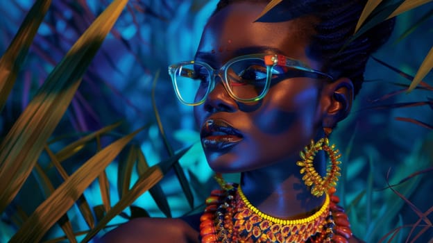 A woman with glasses and a necklace standing in front of some leaves