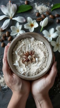 A person holding a bowl of flour with flowers and seeds in it