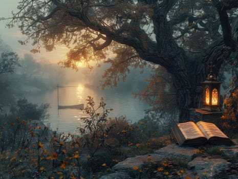 An open book is placed on a rock next to a tree in a serene setting where a person is seen studying.