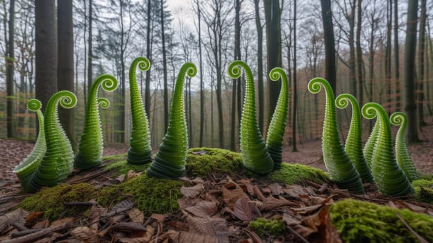 A group of ferns are standing in the woods