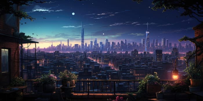 A city skyline at night with a full moon shining brightly in the sky, illuminating the buildings and streets below.