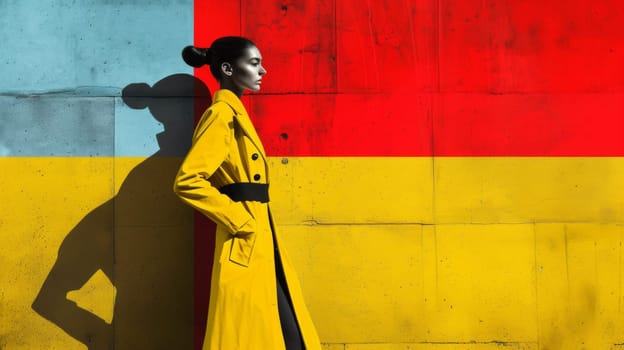 A woman in a yellow trench coat standing next to colorful wall