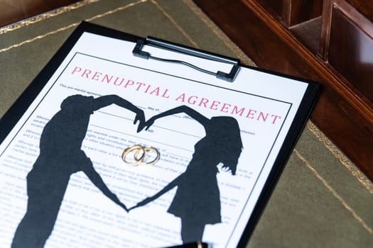 A prenuptial agreement with a silhouette of a couple and wedding rings, symbolizing marital contracts and legal preparation