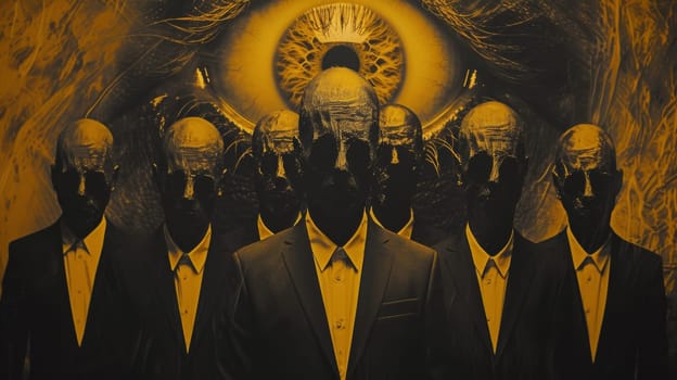 A group of men in suits with a large eye behind them