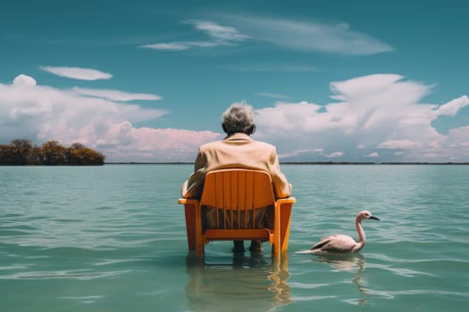 a man sitting on a chair in front of a bird. Generative AI.