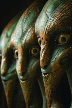A close up of three statues that are painted green