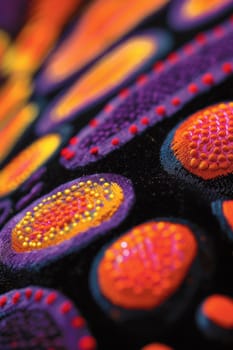 A close up of a colorful pattern on fabric with dots and circles