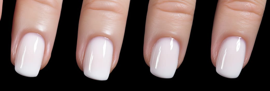 Beautiful nude manicure. Nail design. Manicure with gel polish. Close-up of the hands of a young woman with a gentle nude manicure on her nails. Bright nails with gel polish. Generative AI