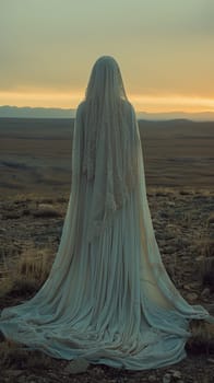 A lone woman stands in a field wearing a white dress, surrounded by nature.