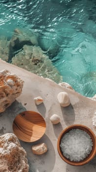 A bowl of water and a wooden spoon next to rocks