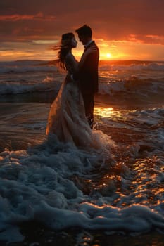 Newlyweds, dressed in wedding attire, standing in the ocean during sunset.