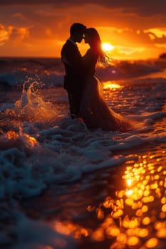 A man and woman sharing a romantic moment, kissing in the ocean during a beautiful sunset.