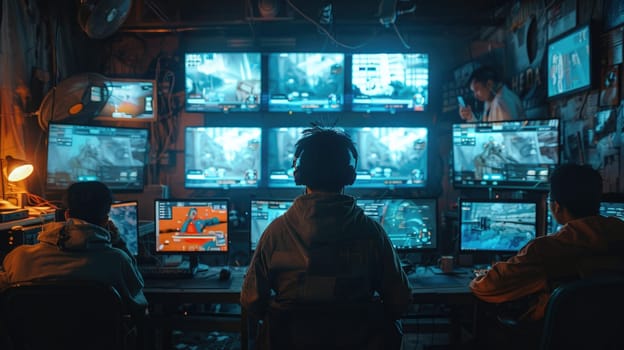 A man stands in front of a room filled with numerous monitors displaying various data and information.