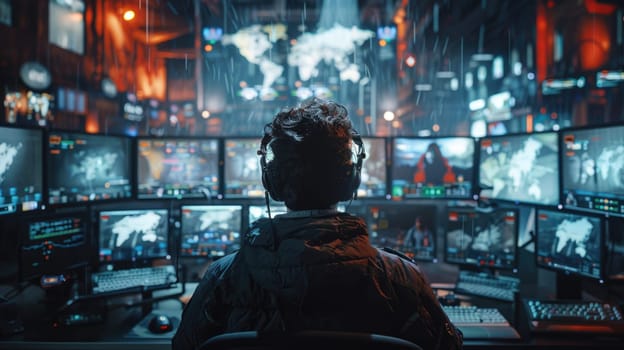 A man sitting in front of numerous monitors, analyzing data and managing operations in a control room.