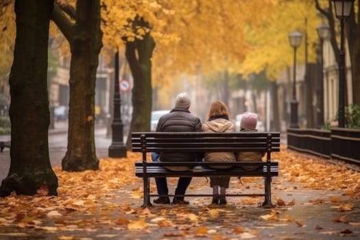 Back view of person sitting on a bench in an autumn park, Generative AI.