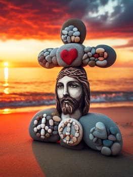 Sculpture of Jesus Christ made of pebbles at the beacj at sunset, asking for peace stop war concept ai generated