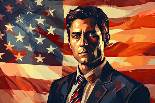 Man in a tie against the background of the US flag. Serious powerful politician stands against the background of American flag, Generative AI