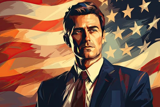 Man in a tie against the background of the US flag. Serious powerful politician stands against the background of American flag, Generative AI