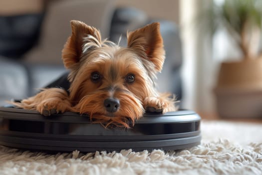 Close-up of Yorkshire terrier on robotic vacuum.