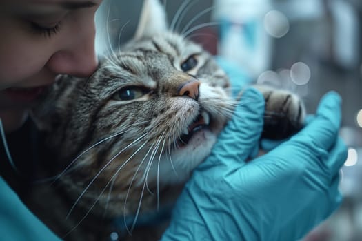 A home dentist examines a cat's teeth at a veterinary clinic. Close-up.