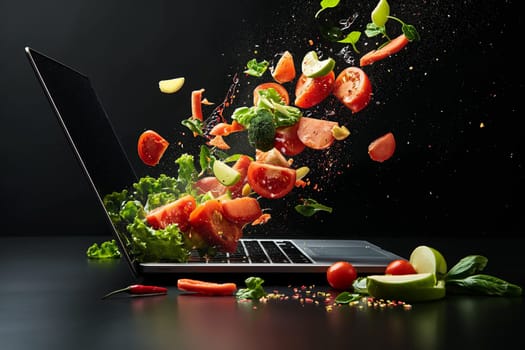 Vegetables fly out of the laptop screen. Online ordering of vegetarian food.