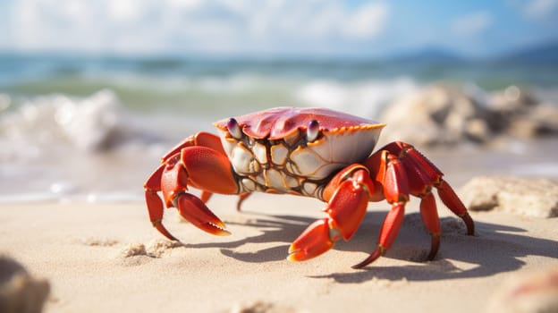 Magnificent crab on the beach, blurred sea background AI