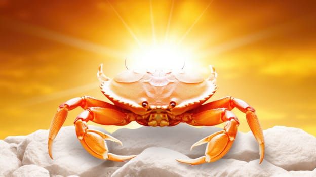 Magnificent crab on the beach, blurred sunset background AI