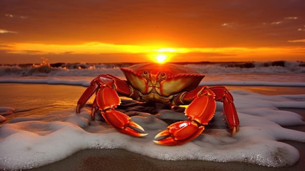 Magnificent crab on the beach, blurred sunset background AI