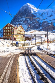 Kleine Scheidegg railway to Jungfraujoch and Eiger peak view, Berner Oberland region of Switzerland