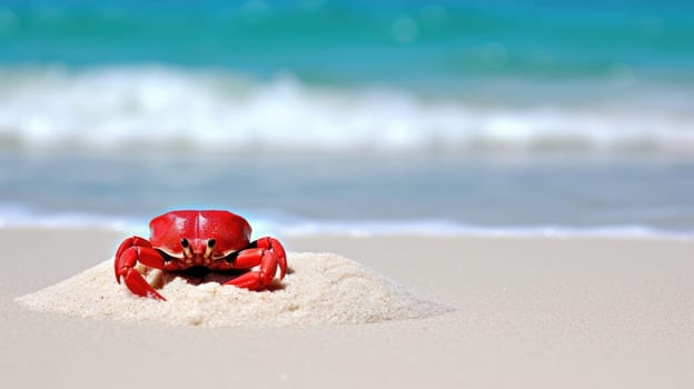 Magnificent crab on the beach, blurred sea background AI