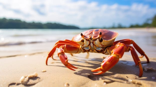 Magnificent crab on the beach, blurred sea background AI