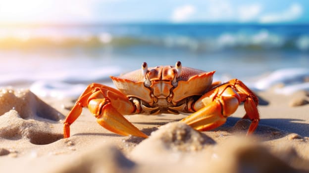 Magnificent crab on the beach, blurred sea background AI