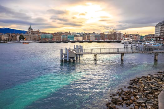 City of Geneva Lac Leman waterfront sunset view, second largest city in Switzerland