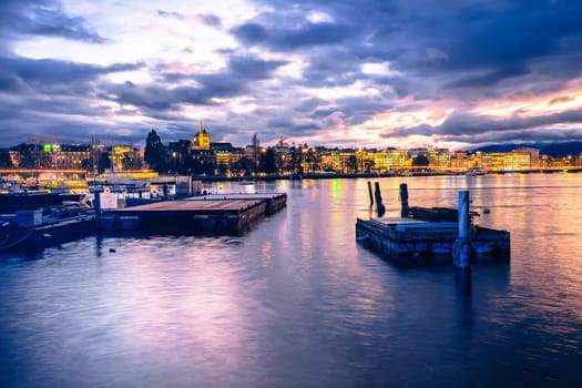 City of Geneva Lac Leman waterfront sunset view, second largest city in Switzerland