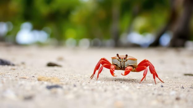 Magnificent crab on the beach, blurred sea background AI
