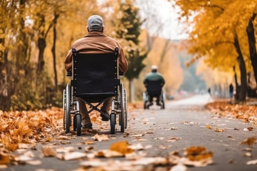 Elderly person in wheelchair in autumn nature .Generative AI.