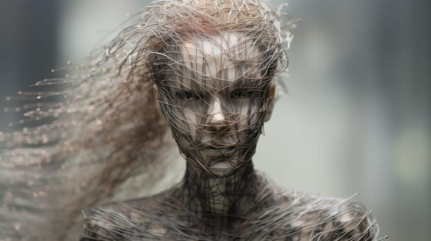 Human sculpture installation, contemporary art exhibition. Art gallery background AI