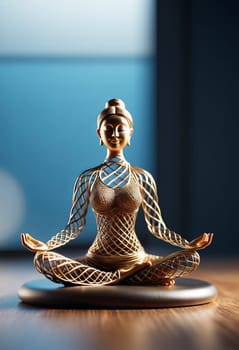 Woman in yoga pose, bent wire figure on nature backdrop, Creative figures symbol of tranquility, art and serenity intersection