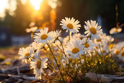 Wild field daisies at sunset. Summer chamomile background.