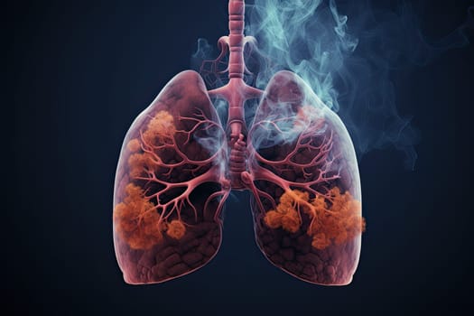 Human lungs with smoke on black background, Human smoker lungs, stop smoking, Unhealthy habit, damages on respiratory system. No tobacco day, no smooking. AI Generative