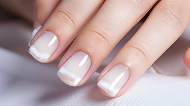 Beautiful nude manicure. Nail design. Manicure with gel polish. Close-up of the hands of a young woman with a gentle nude manicure on her nails. Bright nails with gel polish. Generative AI