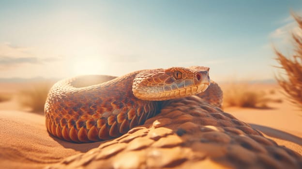 Close-up detail of the head of a Rattlesnake in desert on blurred background AI